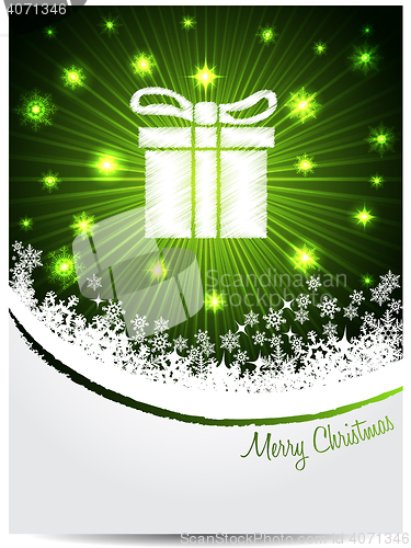 Image of Green white christmas greeting with bursting gift box