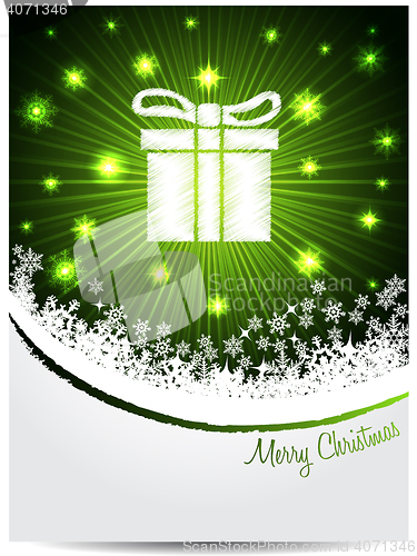 Image of Green white christmas greeting with bursting gift box