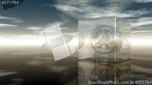 Image of pacific symbol in glass cube under cloudy sky - 3d rendering