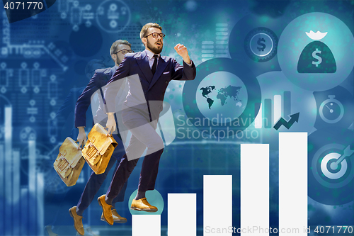 Image of young businessman jumping over steps of chart or graph