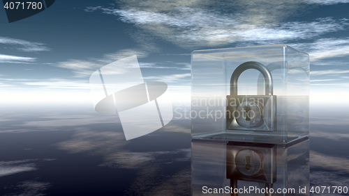 Image of padlock in glass cube under cloudy sky - 3d illustration