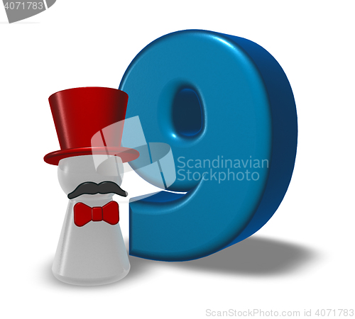 Image of number nine and pawn with hat and beard - 3d rendering