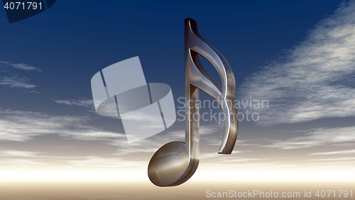 Image of metal music note under cloudy sky - 3d rendering