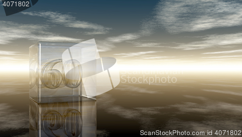 Image of number sixty in glass cube under cloudy sky - 3d rendering