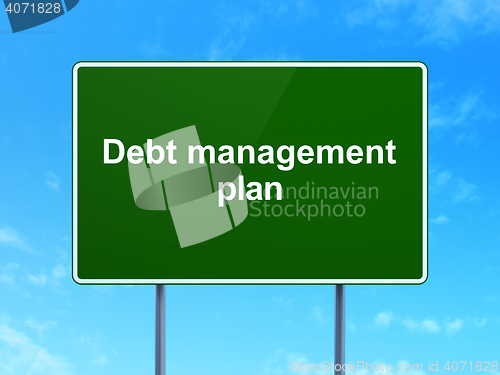 Image of Business concept: Debt Management Plan on road sign background