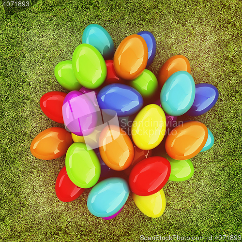 Image of Colored Easter eggs on a green grass. 3D illustration. Vintage s