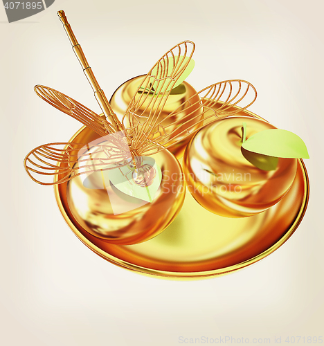 Image of Dragonfly on gold apples. 3D illustration. Vintage style.