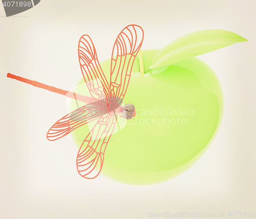 Image of Dragonfly on apple. 3D illustration. Vintage style.