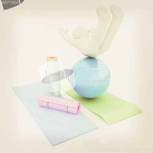 Image of 3d man on a karemat with fitness ball. 3D illustration. 3D illus