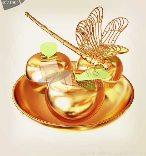 Image of Dragonfly on gold apples. 3D illustration. Vintage style.