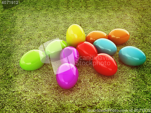 Image of Colored Easter eggs as a flower on a green grass. 3D illustratio