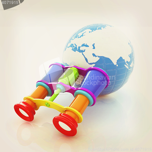 Image of binocular around earth. 3D illustration. Vintage style.