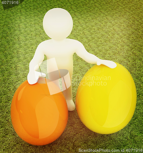 Image of 3d small person holds the big Easter egg in a hand. 3d image. On