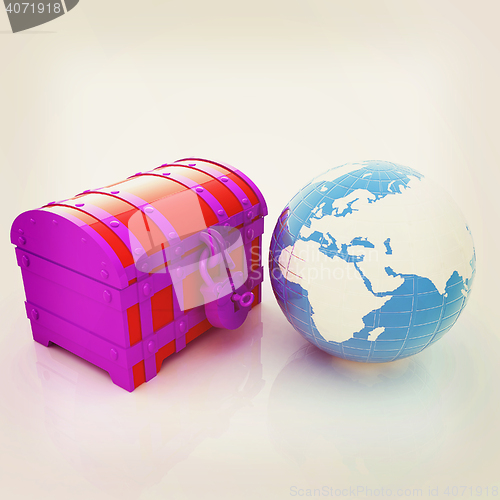 Image of chest and Earth. 3D illustration. Vintage style.