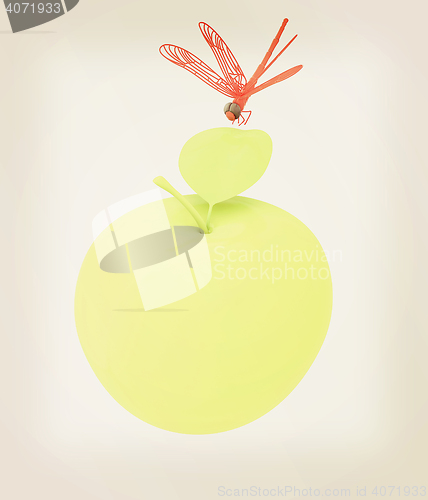 Image of Dragonfly on apple. 3D illustration. Vintage style.