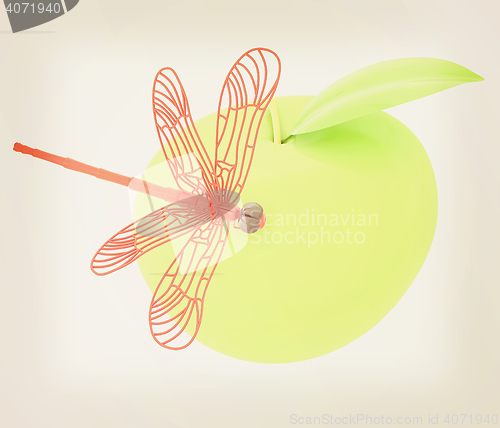 Image of Dragonfly on apple. 3D illustration. Vintage style.