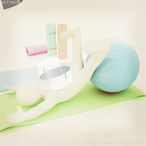 Image of 3d man on a karemat with fitness ball. 3D illustration. 3D illus