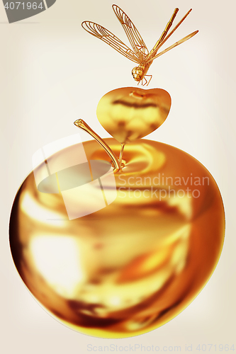 Image of Dragonfly on gold apple. 3D illustration. Vintage style.