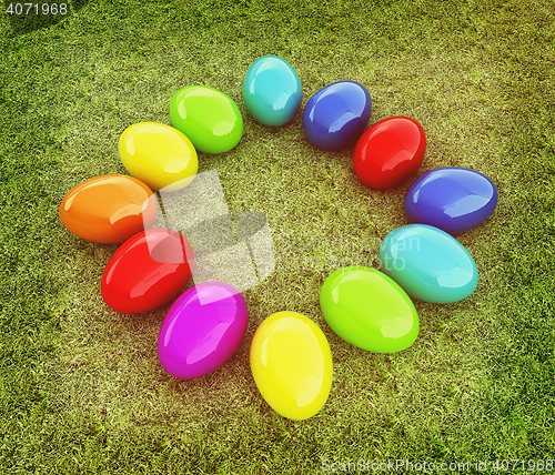 Image of Colored Easter eggs on a green grass. 3D illustration. Vintage s