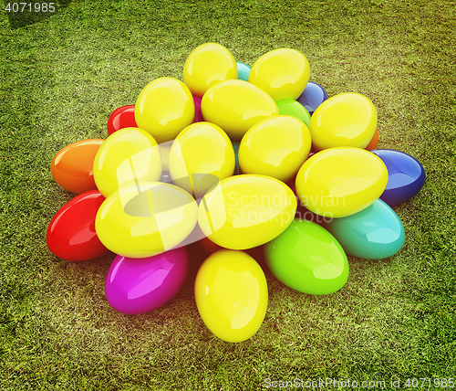 Image of Colored Easter eggs on a green grass. 3D illustration. Vintage s