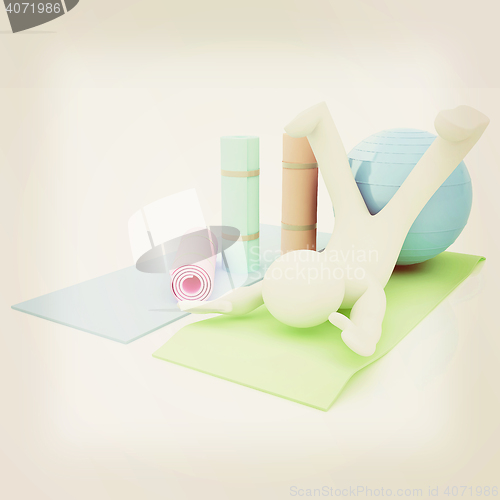 Image of 3d man on a karemat with fitness ball. 3D illustration. 3D illus