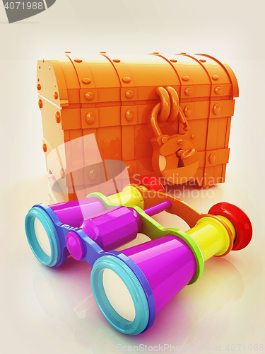 Image of binoculars and chest. 3D illustration. Vintage style.