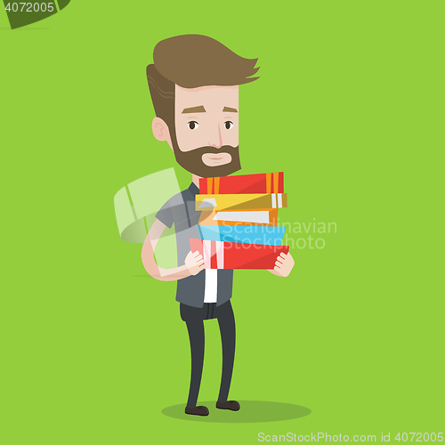 Image of Man holding pile of books vector illustration.