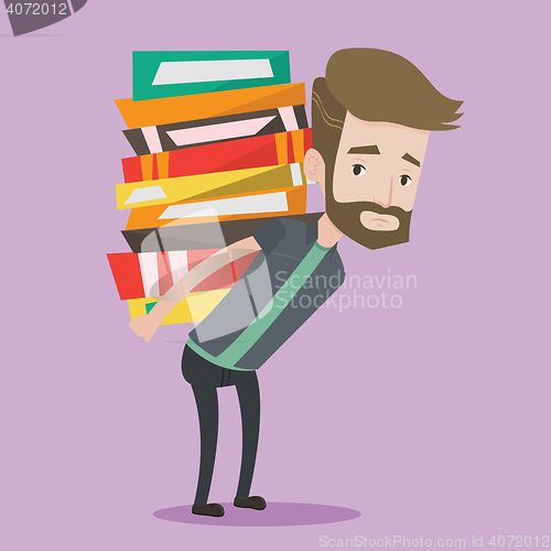 Image of Student with pile of books vector illustration.