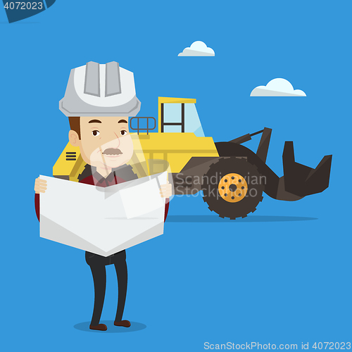 Image of Engineer watching a blueprint vector illustration.