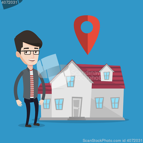 Image of Realtor on background of house with map pointer.