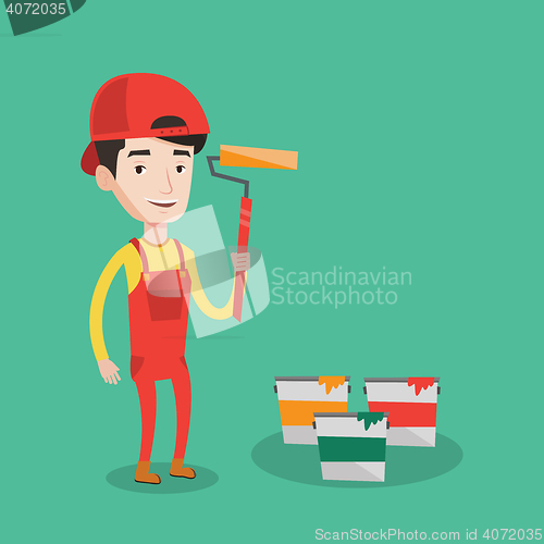 Image of Painter holding paint roller vector illustration.