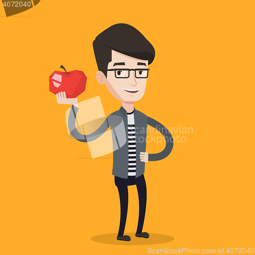 Image of Young man holding apple vector illustration.