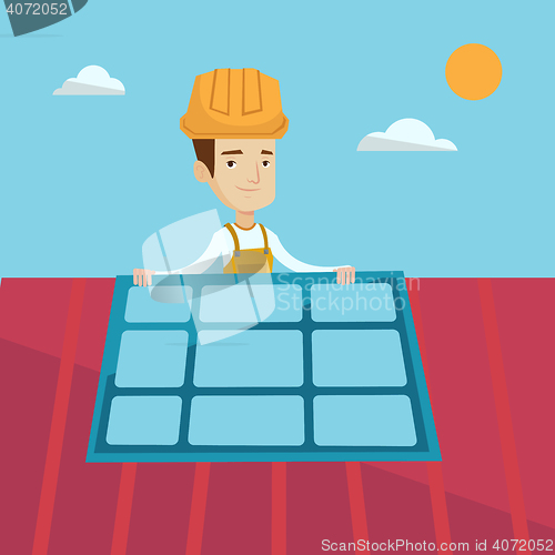 Image of Constructor installing solar panel.