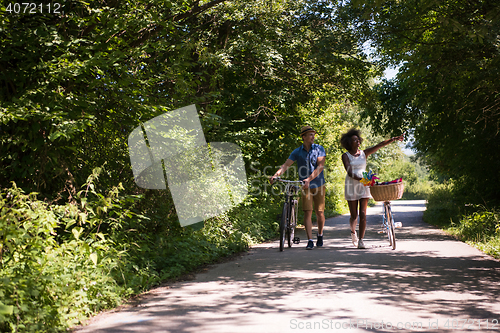 Image of Young multiethnic couple having a bike ride in nature