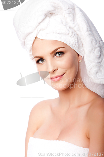 Image of Clean woman in towels after bath shower