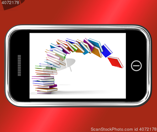Image of Mobile Phone With Falling Books Shows Online Knowledge