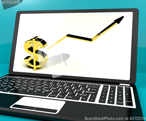 Image of Dollar Sign And Up Arrow On Computer For Earnings Or Profit