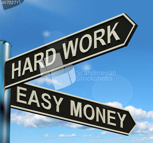 Image of Hard Work Easy Money Signpost Showing Business Profits