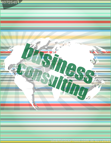 Image of words business consulting on digital screen, business concept vector quotation marks with thin line speech bubble. concept of citation, info, testimonials, notice, textbox. flat style design 