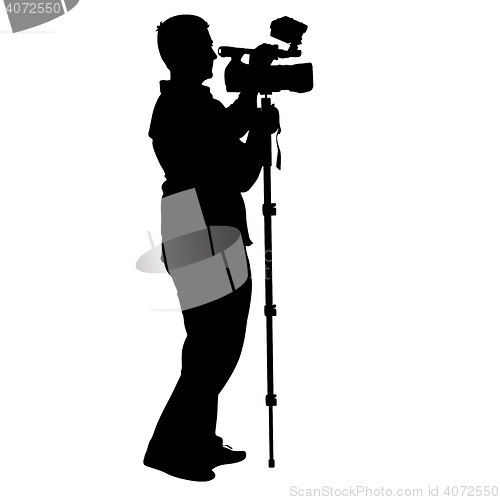 Image of Cameraman with video camera. Silhouettes on white background. 