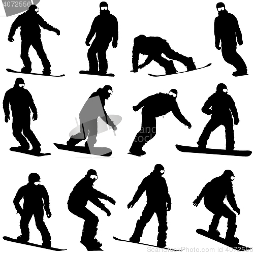 Image of Set black silhouettes  snowboarders on white background. 