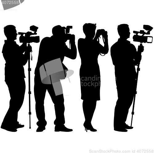 Image of Cameraman with video camera. Silhouettes on white background. 