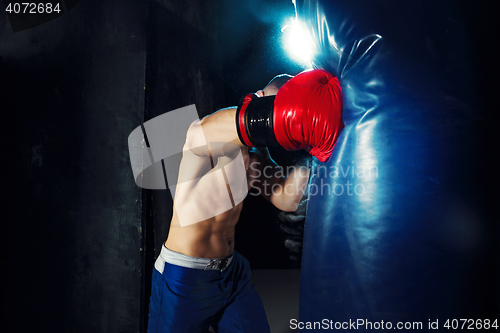 Image of Male boxer boxing in punching bag with dramatic edgy lighting in a dark studio