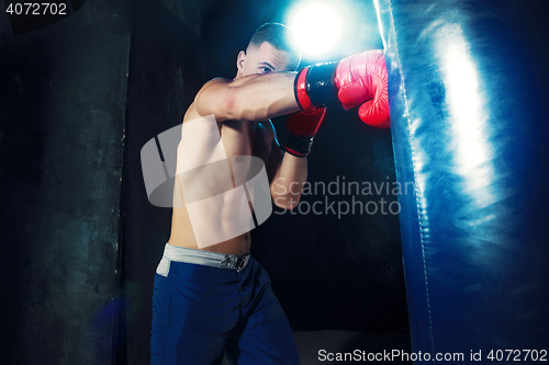 Image of Male boxer boxing in punching bag with dramatic edgy lighting in a dark studio