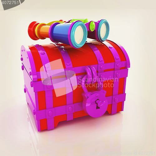Image of binoculars and chest. 3D illustration. Vintage style.
