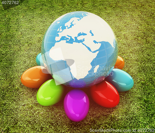Image of Earth on Colored Easter eggs on a green grass. 3D illustration. 
