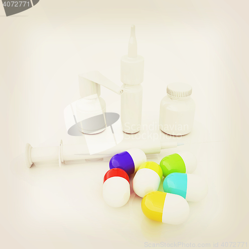 Image of Syringe, tablet, pill jar. 3D illustration. 3D illustration. Vin