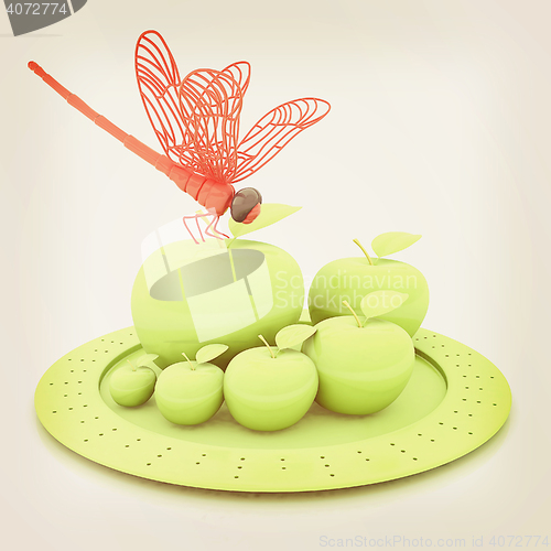 Image of Dragonfly on apple on Serving dome or Cloche. Natural eating con