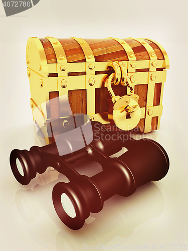 Image of binoculars and chest. 3D illustration. Vintage style.