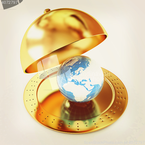 Image of Serving dome or Cloche and Earth. 3D illustration. Vintage style